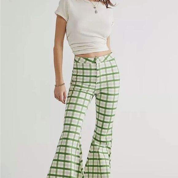 Free People Just Float On Flare Jean Extreme Gingham Mint Green Fray Hem - Picture 2 of 6